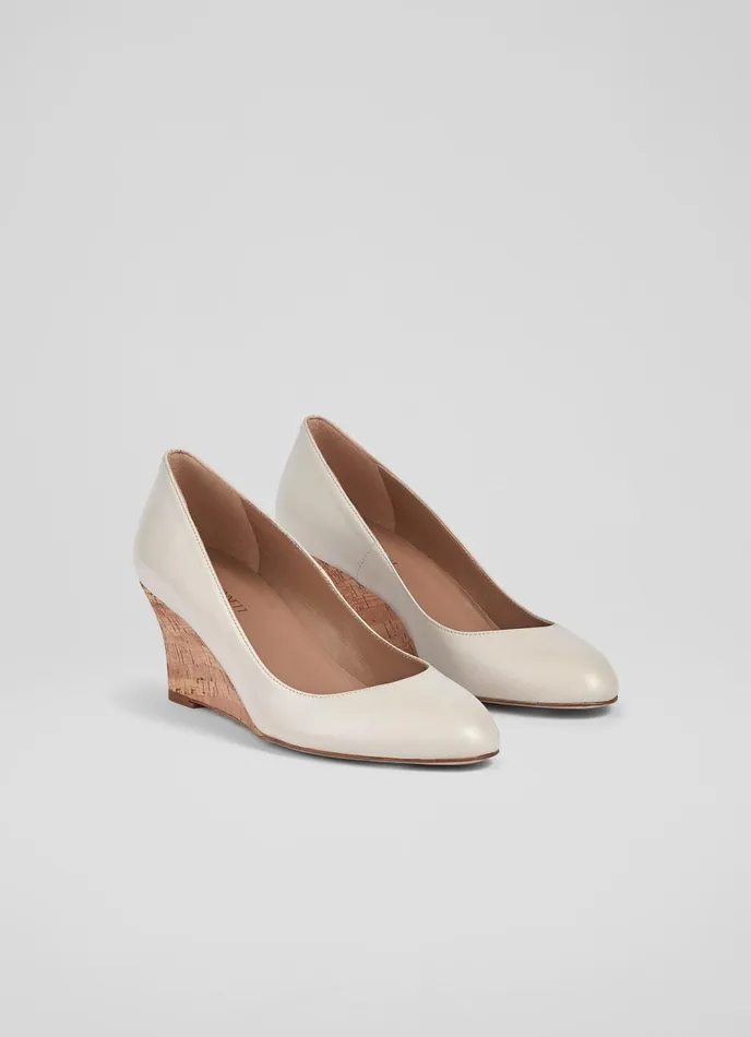 LK Bennett Eevi Ecru Leather Cork Wedges Women Court Shoes