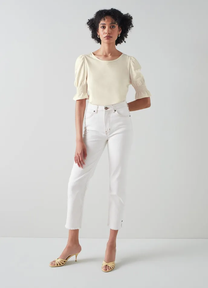 LK Bennett Emily Cream ModalCotton Shirred Sleeve Top Women Tops