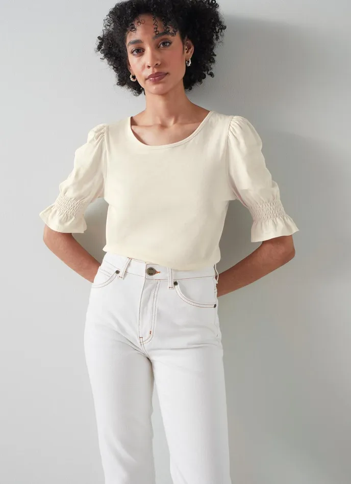 LK Bennett Emily Cream ModalCotton Shirred Sleeve Top Women Tops
