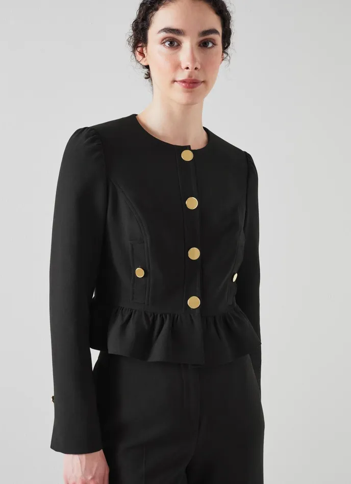 LK Bennett Folly Black Crepe Peplum Jacket Women Coats and Jackets