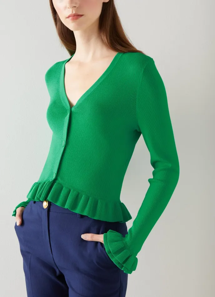 LK Bennett Grace Green Rib Knit Frilled Cardigan Women Knitwear