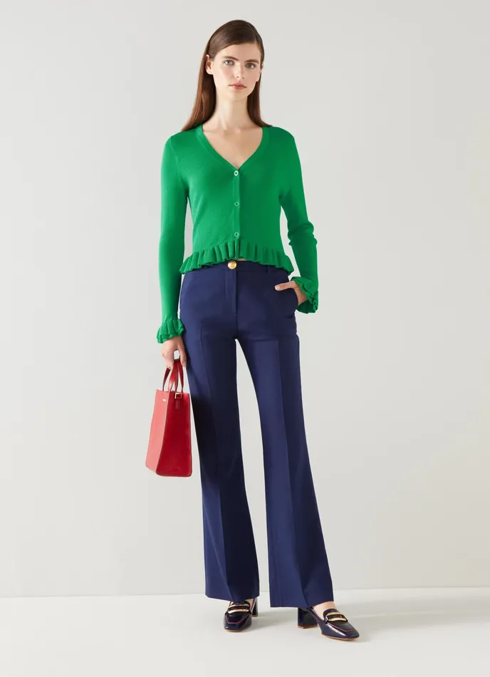 LK Bennett Grace Green Rib Knit Frilled Cardigan Women Knitwear