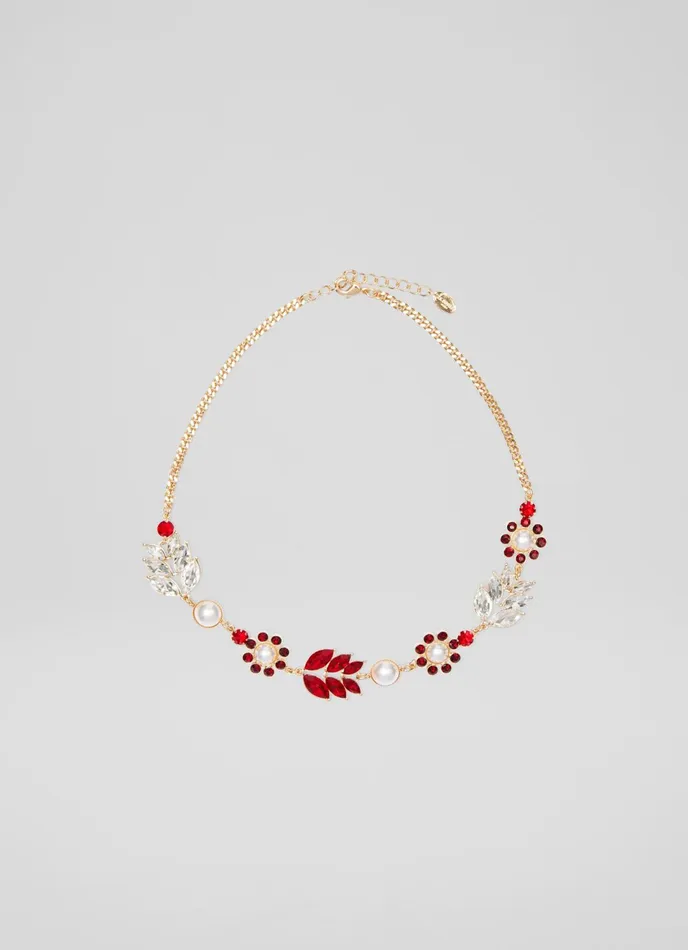LK Bennett Kamala Red Crystal And Pearl Flower And Leaf Necklace Women Jewellery