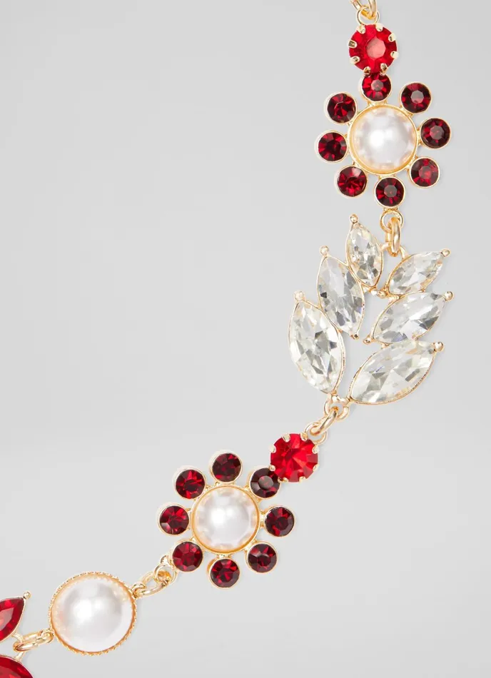 LK Bennett Kamala Red Crystal And Pearl Flower And Leaf Necklace Women Jewellery LK Bennett Kamala Red Crystal And Pearl Flower And Leaf Necklace Women Jewellery