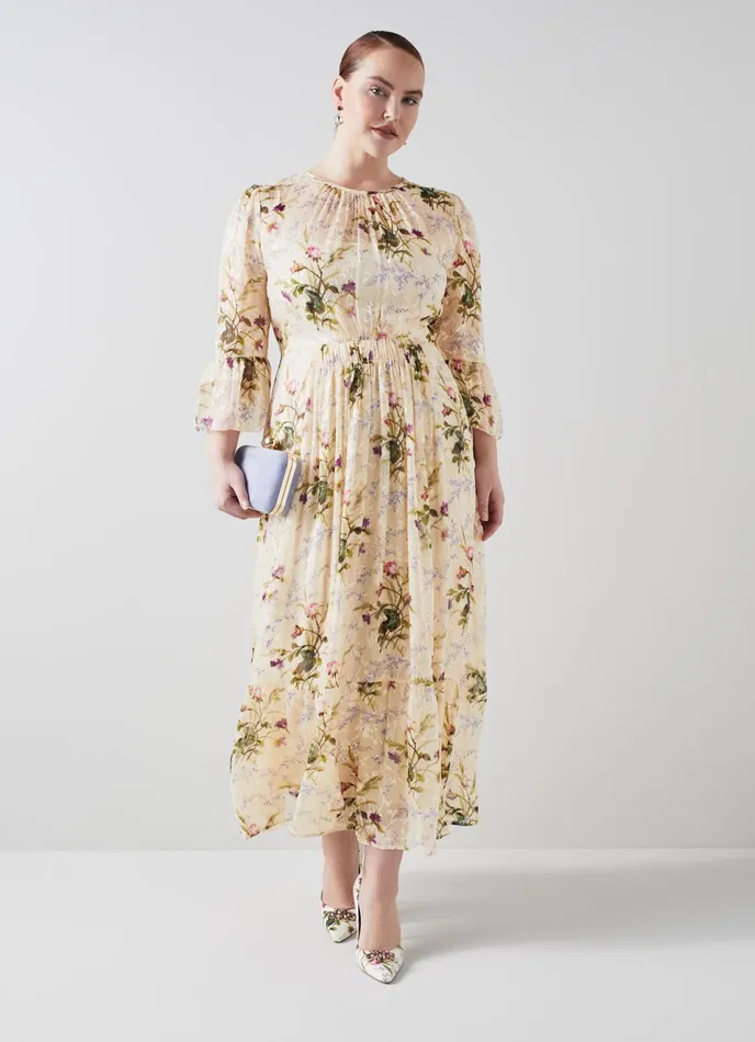 LK Bennett Lourdes Cream Meadow Scene SilkBlend Devor Maxi Dress Women Dresses