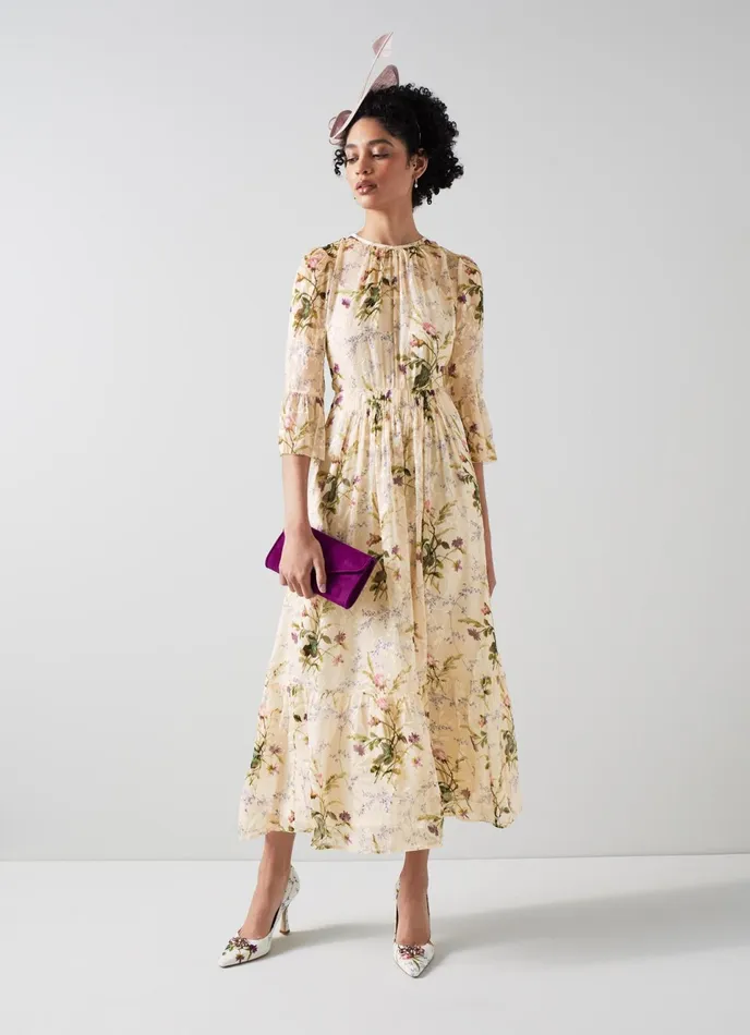 LK Bennett Lourdes Cream Meadow Scene SilkBlend Devor Maxi Dress Women Dresses