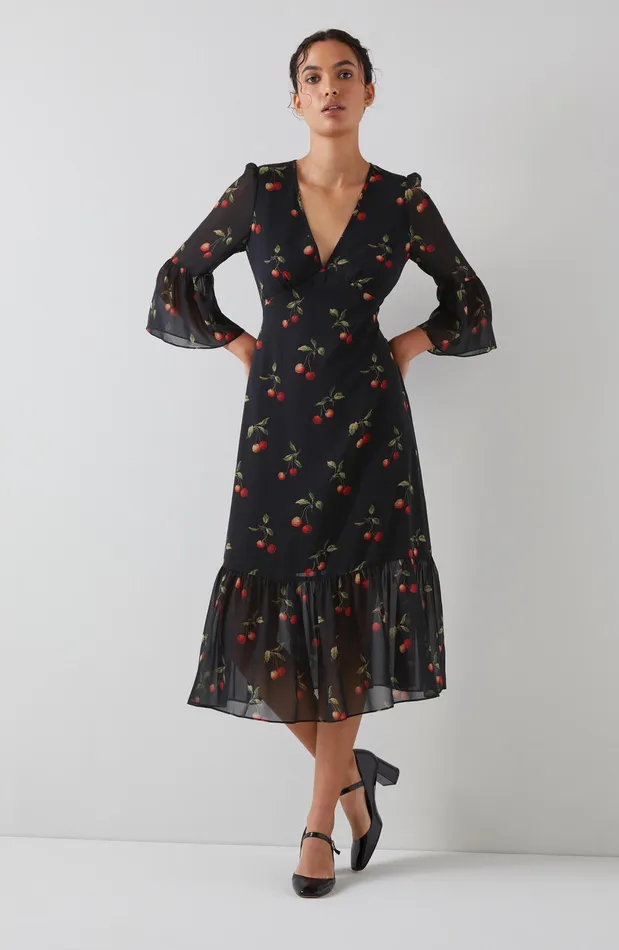 LK Bennett Mallory Black And Red Cherry Print Midi Dress Women Dresses