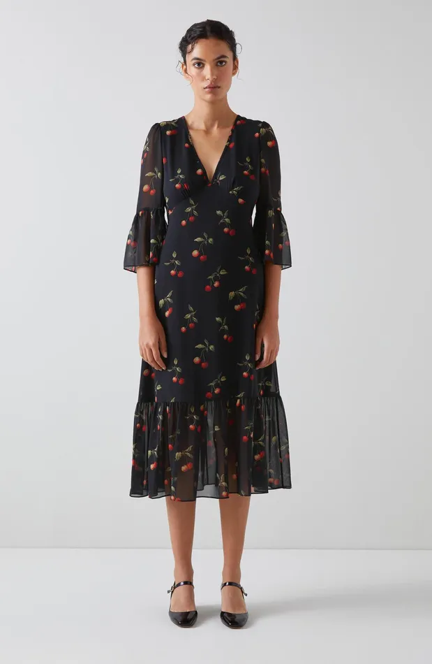 LK Bennett Mallory Black And Red Cherry Print Midi Dress Women Dresses