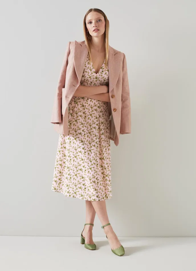 LK Bennett Rosamund Pink And Green Ornate Floral Print Silk Dress Women Dresses