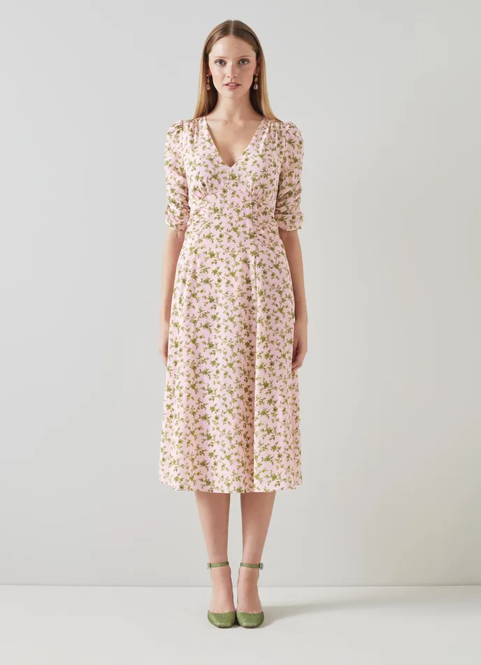 LK Bennett Rosamund Pink And Green Ornate Floral Print Silk Dress Women Dresses