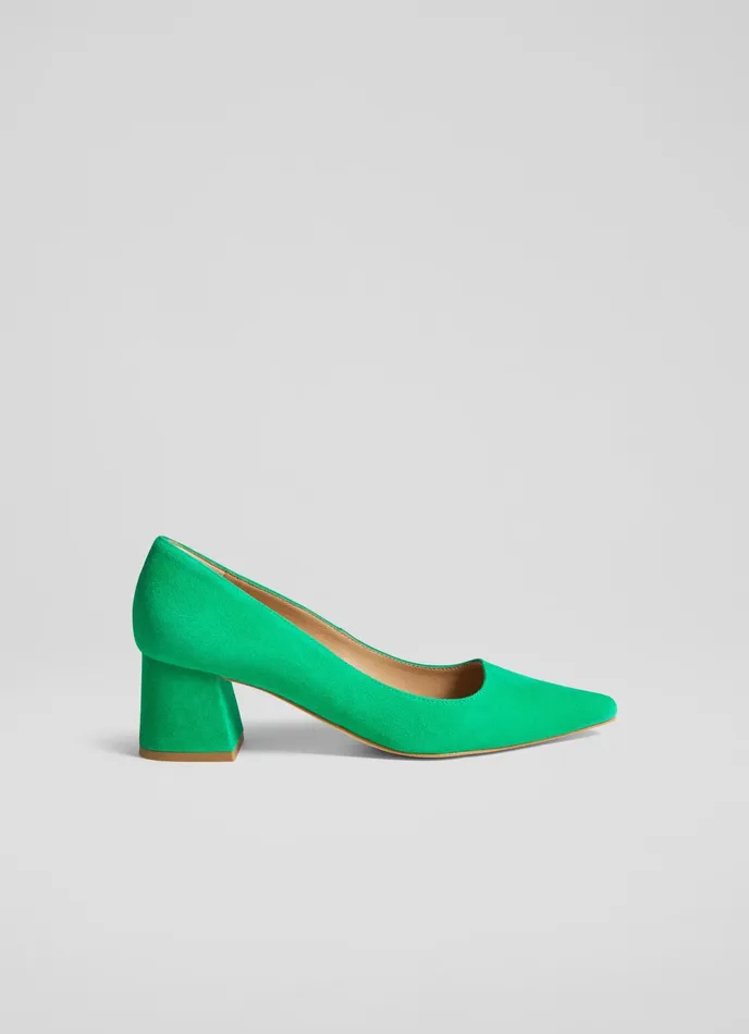 LK Bennett Sloane Green Suede Block Heel Courts Women Court Shoes