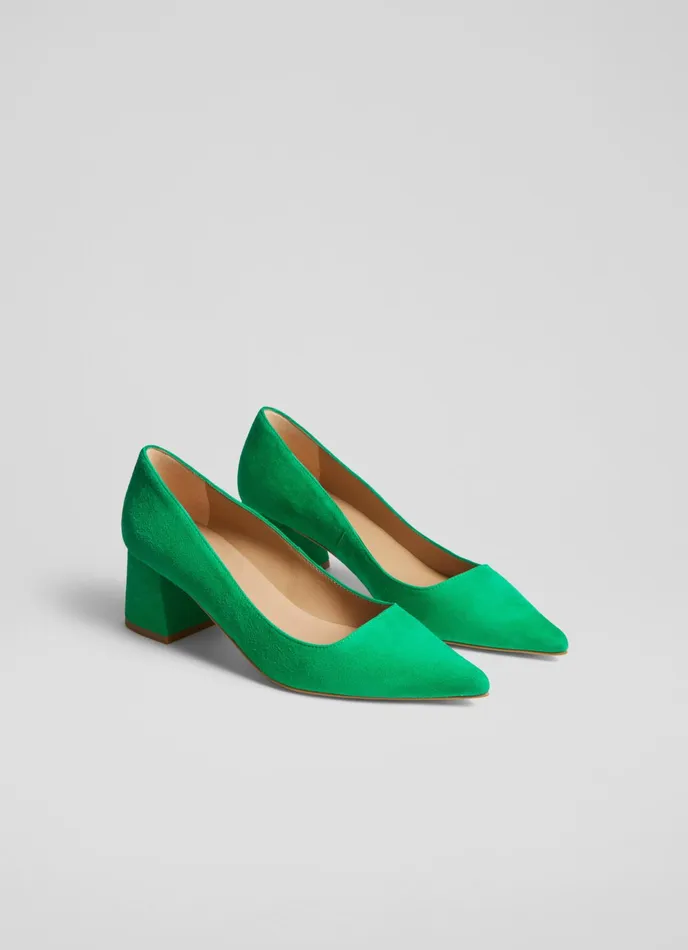 LK Bennett Sloane Green Suede Block Heel Courts Women Court Shoes