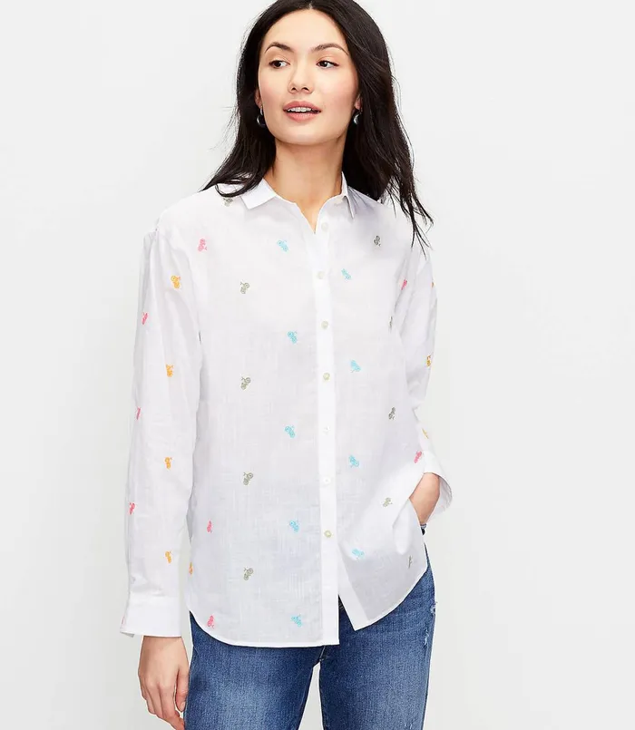 LOFT Bicycle Embroidered Relaxed Shirt White Women Tops