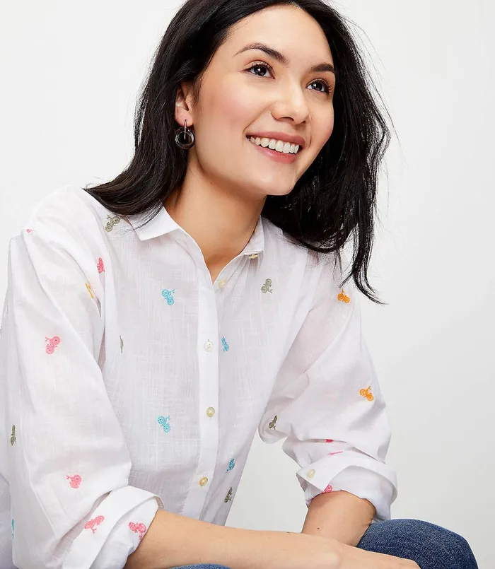 LOFT Bicycle Embroidered Relaxed Shirt White Women Tops