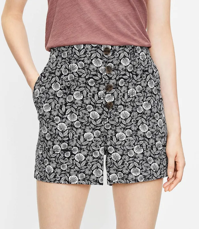 LOFT Button Front Structured Shorts In Palm Leaf Black Women Pants