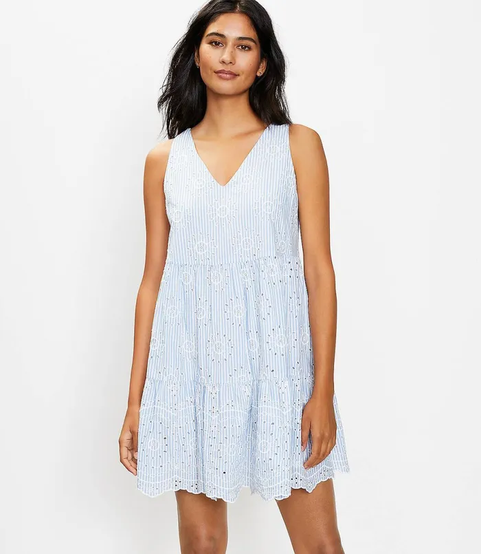 LOFT Eyelet Striped Tiered Swing Dress White Women Swing Dresses