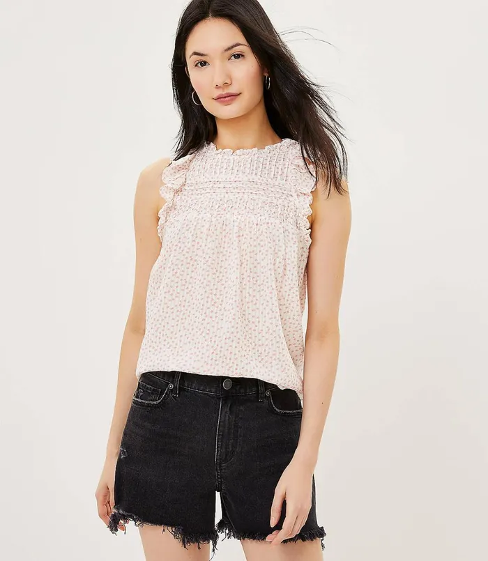 LOFT Flecked Pintucked Ruffle Shell Whisper White Women Tops