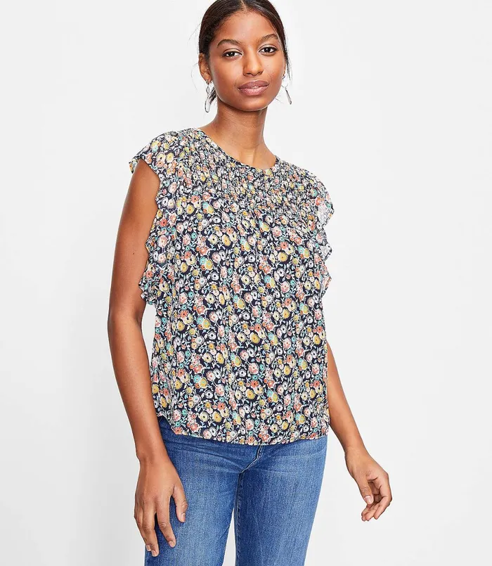 LOFT Floral Smocked Flutter Sleeve Shell Forever Navy Women Tops