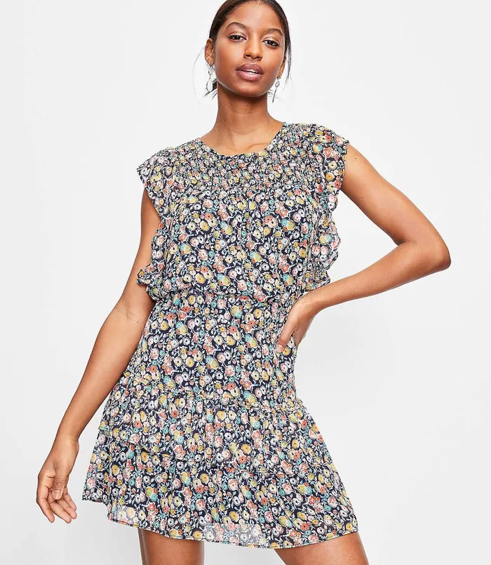 LOFT Floral Smocked Flutter Sleeve Shell Forever Navy Women Tops
