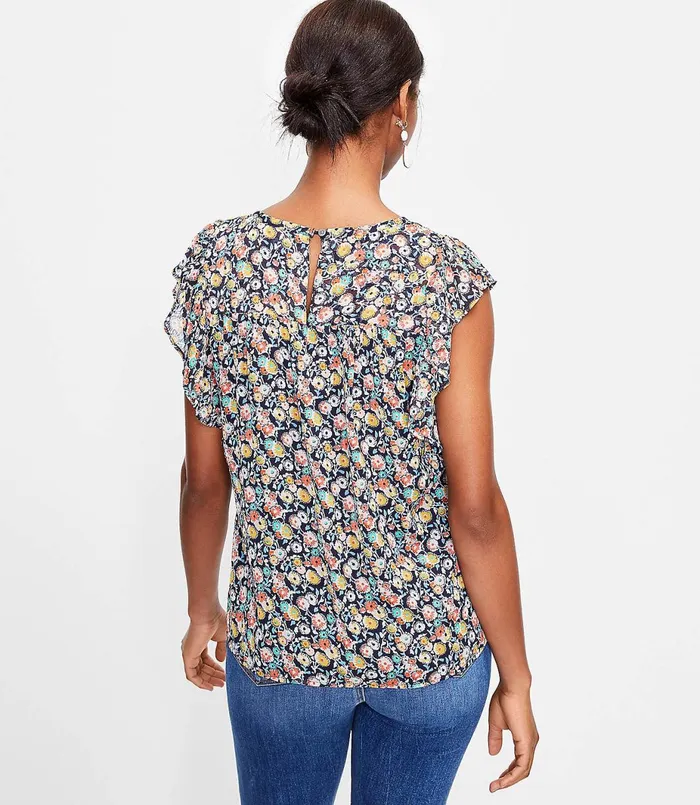 LOFT Floral Smocked Flutter Sleeve Shell Forever Navy Women Tops