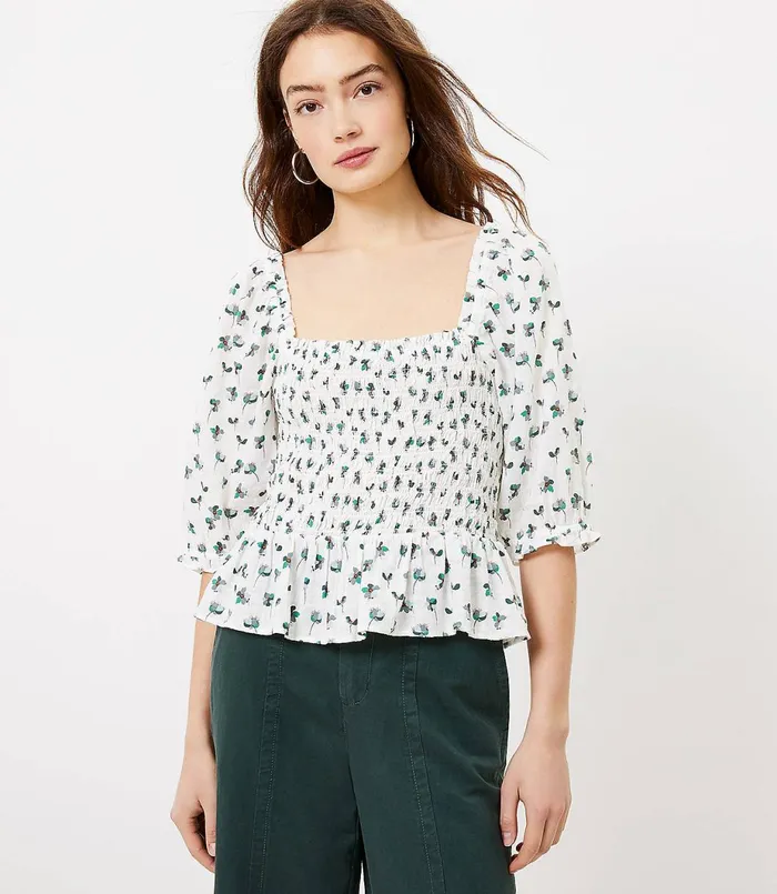 LOFT Floral Smocked Peplum Blouse Whisper White Women Tops