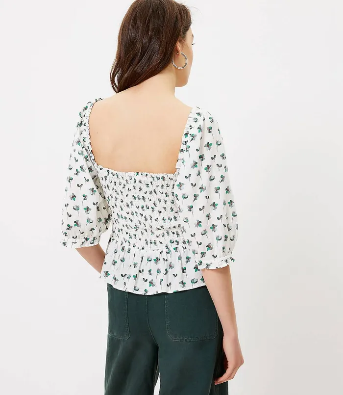 LOFT Floral Smocked Peplum Blouse Whisper White Women Tops