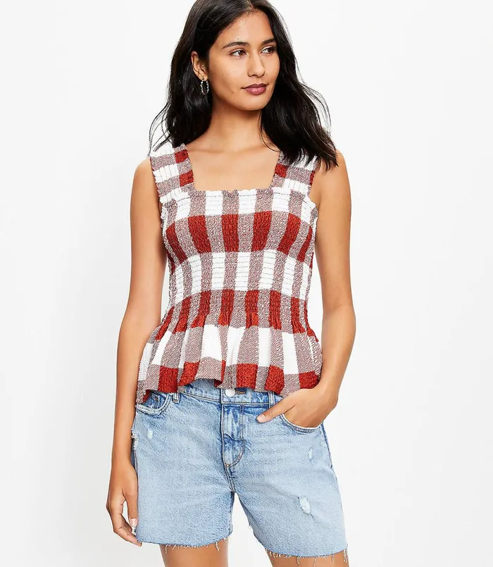 LOFT Gingham Smocked Peplum Tank Top Black Women Petite Tees