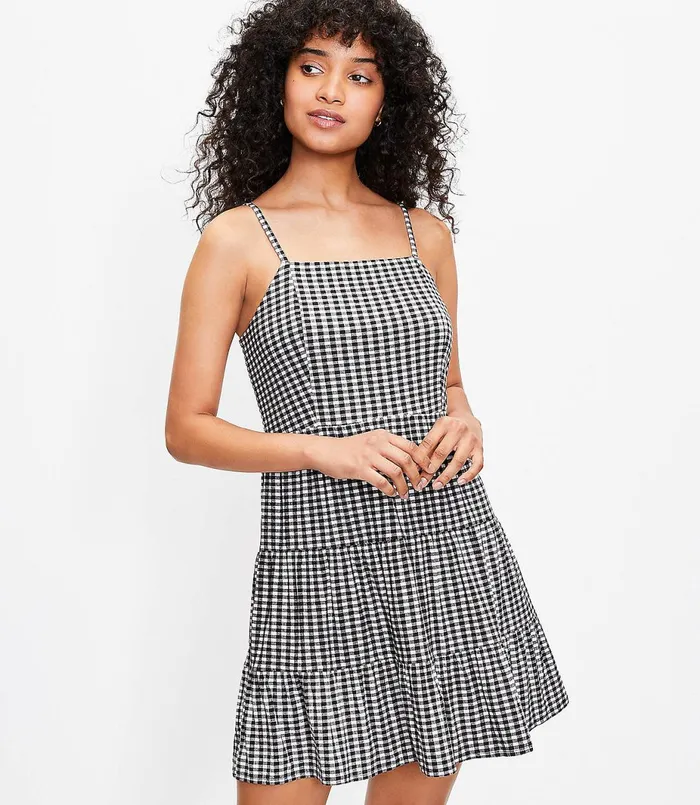 LOFT Gingham Tiered Mini Dress Blackwhite Multi Women Little Black Dresses