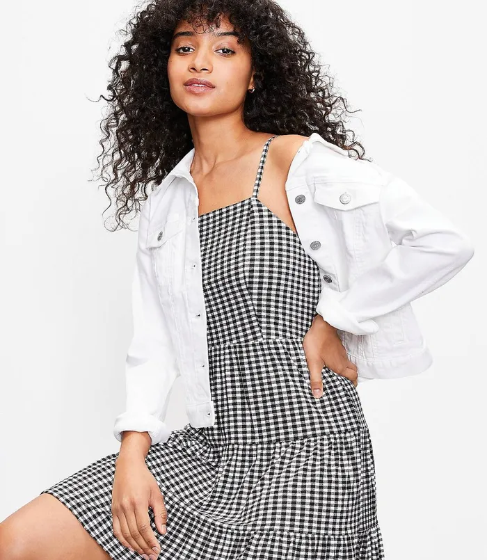 LOFT Gingham Tiered Mini Dress Blackwhite Multi Women Little Black Dresses