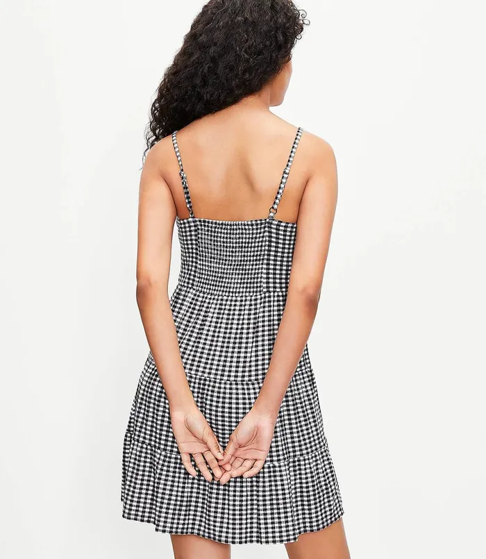LOFT Gingham Tiered Mini Dress Blackwhite Multi Women Little Black Dresses