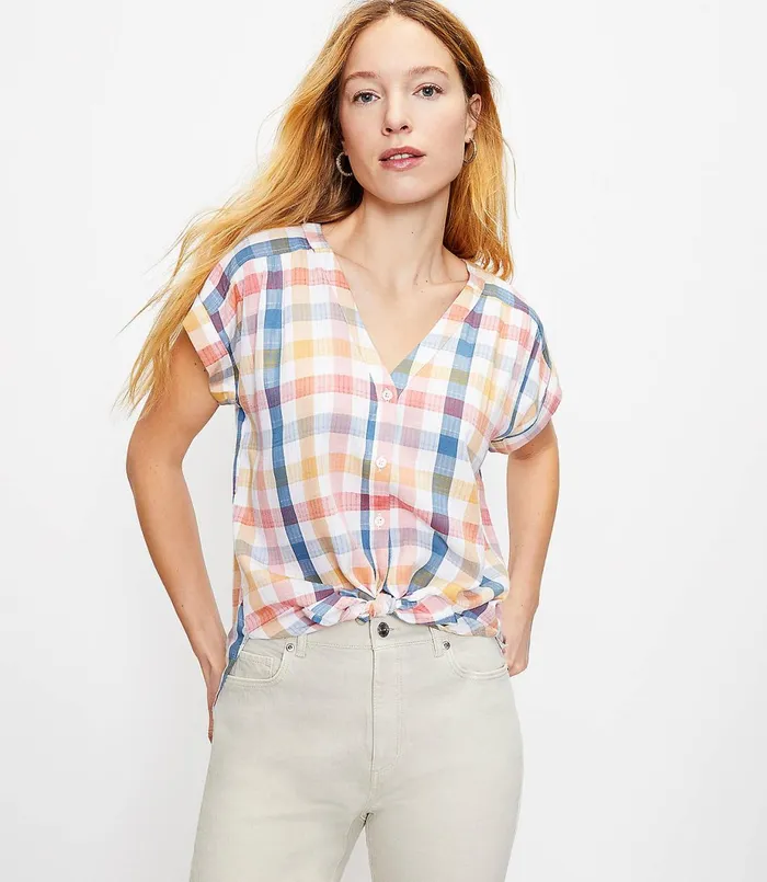 LOFT Gingham VNeck Shirt White Women Tops
