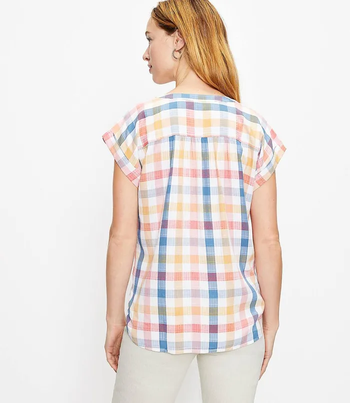 LOFT Gingham VNeck Shirt White Women Tops