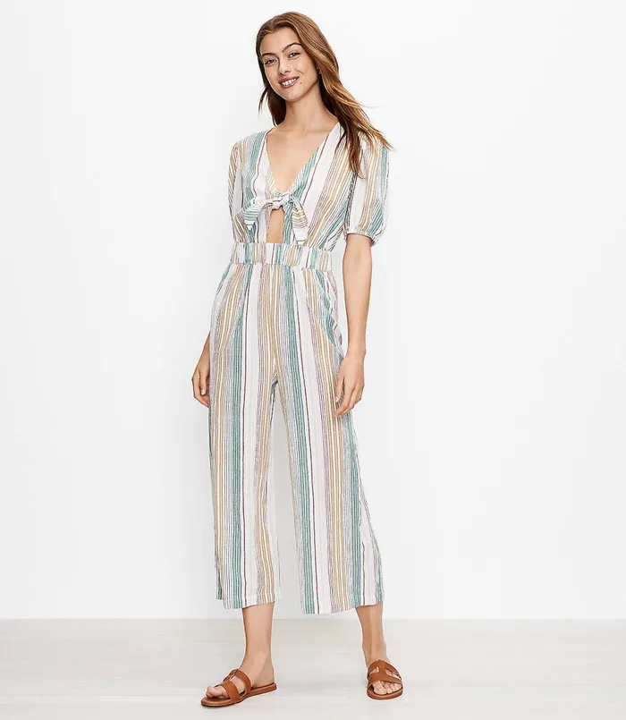 LOFT LOFT Beach Striped Tie Front Wide Leg Jumpsuit Whisper White Women Jumpsuits and Rompers