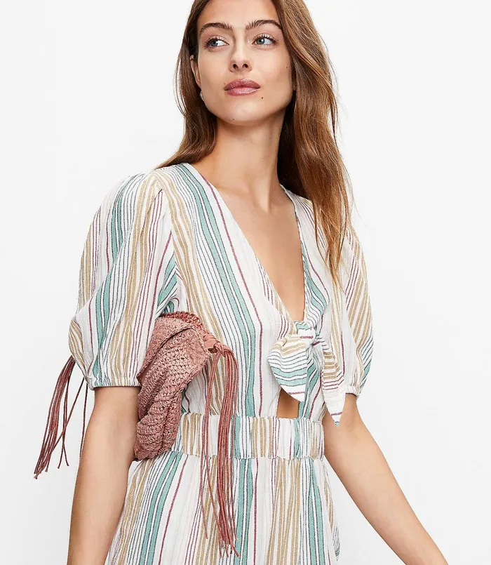 LOFT LOFT Beach Striped Tie Front Wide Leg Jumpsuit Whisper White Women Jumpsuits and Rompers