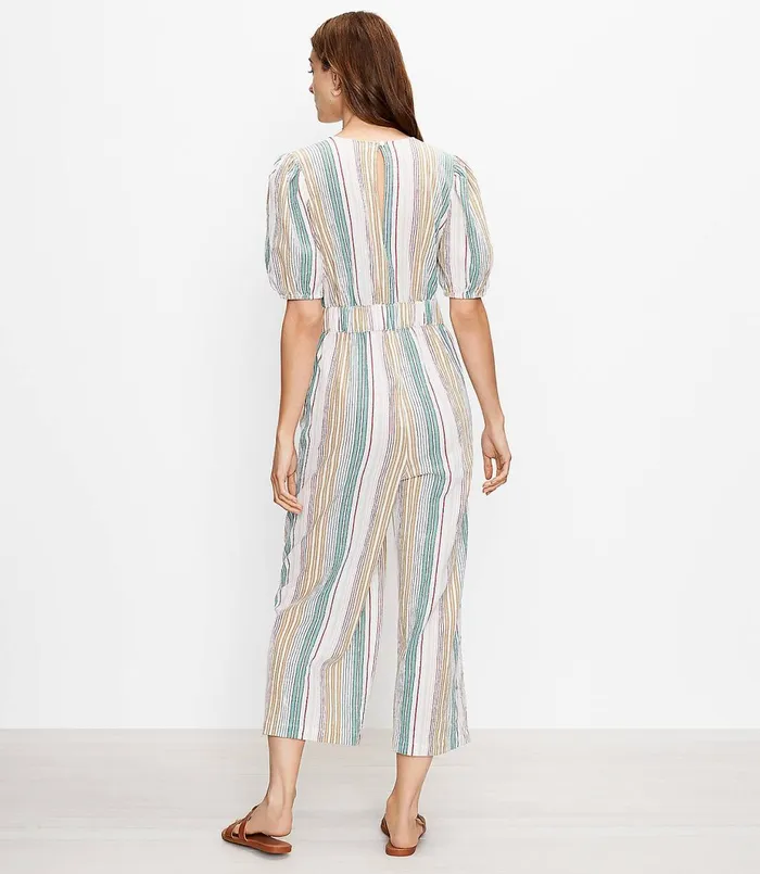 LOFT LOFT Beach Striped Tie Front Wide Leg Jumpsuit Whisper White Women Jumpsuits and Rompers