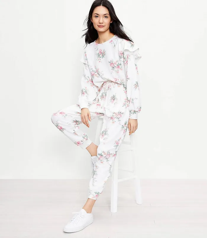 LOFT Lou and Grey Bouquet Ruffle Terry Sweatpants Whisper White Women Loungewear