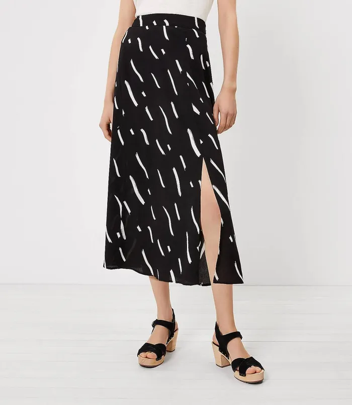 LOFT Petite Brushstroke Slit Midi Skirt Black Women Petite Skirts
