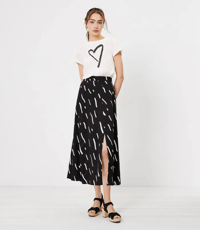 LOFT Petite Brushstroke Slit Midi Skirt Black Women Petite Skirts