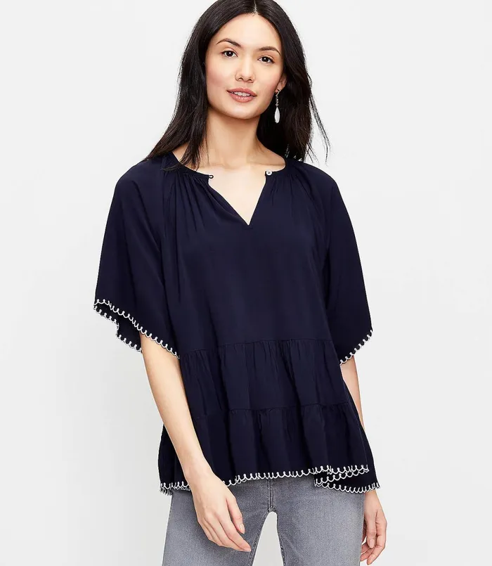 LOFT Petite Embroidered Tiered Top Forever Navy Women Petite Tops