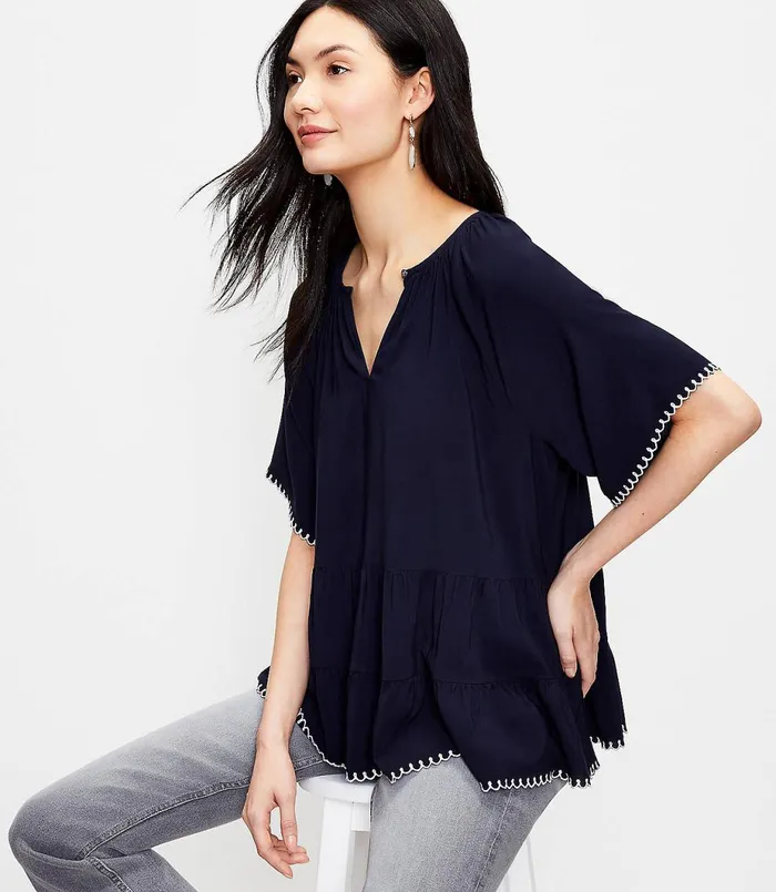LOFT Petite Embroidered Tiered Top Forever Navy Women Petite Tops