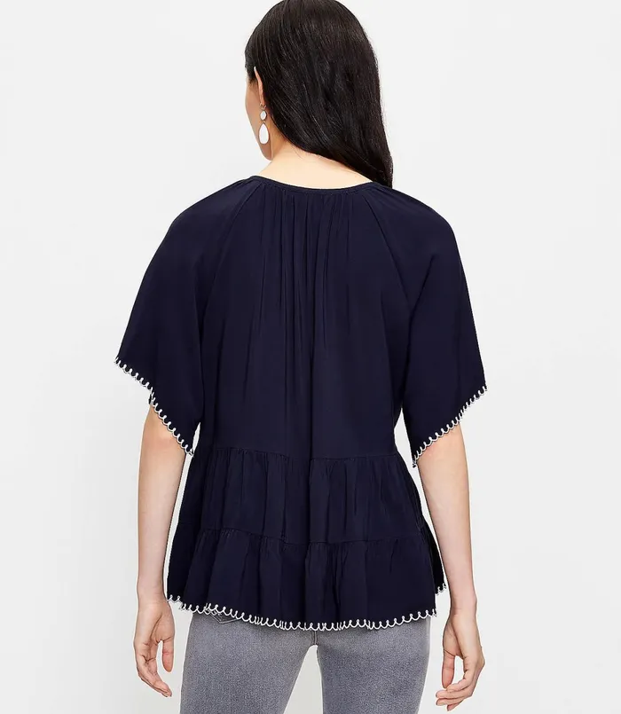 LOFT Petite Embroidered Tiered Top Forever Navy Women Petite Tops