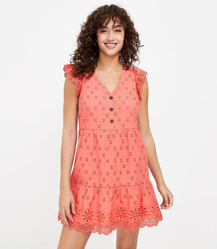 LOFT Petite Eyelet Tiered Swing Dress Candied Orange Women Petite Dresses