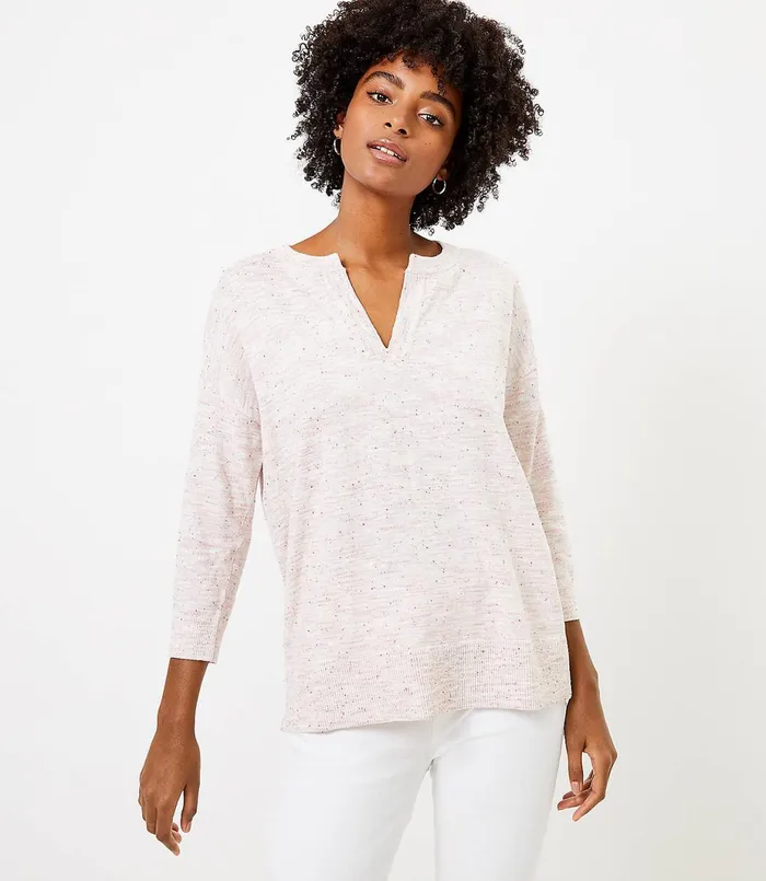 LOFT Petite Flecked Split Neck Tunic Sweater Pink Oatmeal Heather Women Petite Sweaters