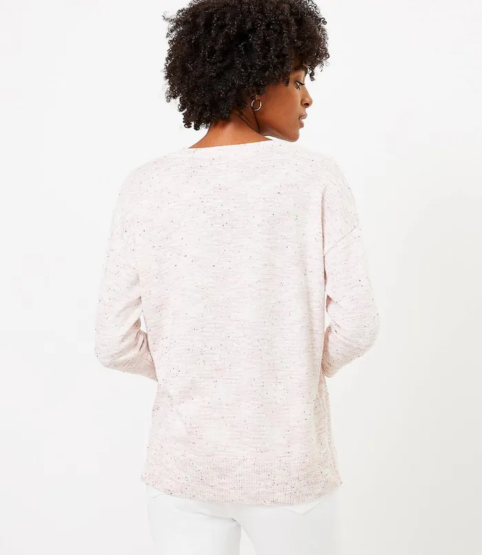LOFT Petite Flecked Split Neck Tunic Sweater Pink Oatmeal Heather Women Petite Sweaters