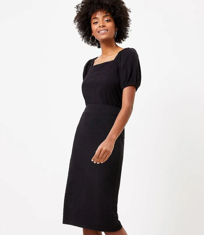 LOFT Petite Floral Jacquard Pull On Midi Skirt Black Women Petite Skirts