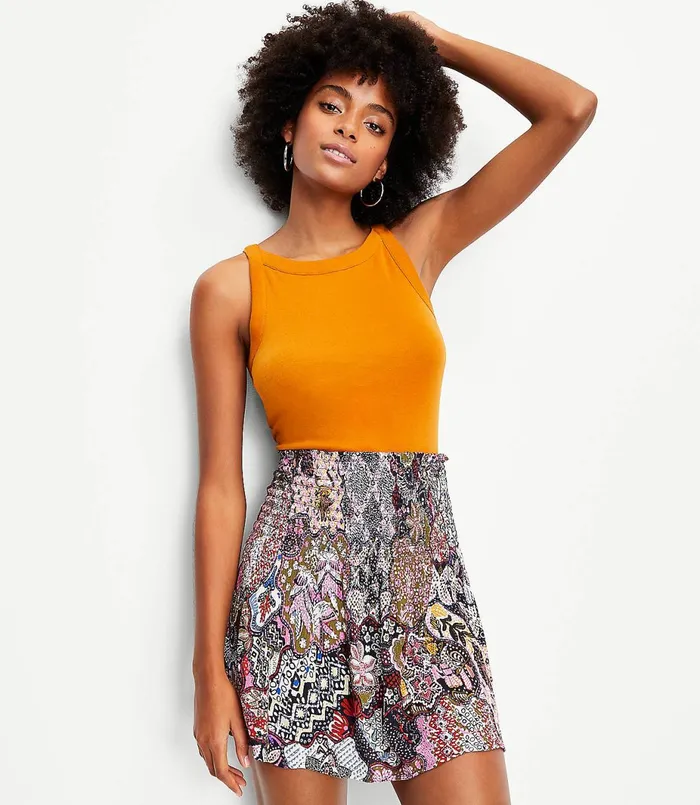 LOFT Petite Mosaic Floral Smocked Skirt Whisper White Women Petite Skirts