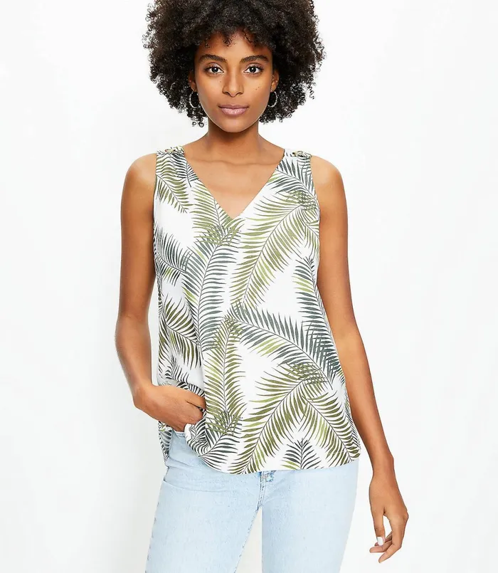 LOFT Petite Palm Shoulder Button VNeck Shell Whisper White Women Petite Tops