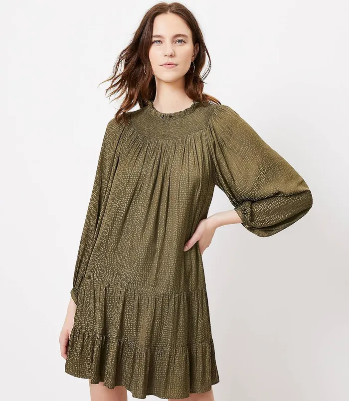 LOFT Petite Smocked Yoke Swing Dress Fresh Ivy Women Petite Dresses