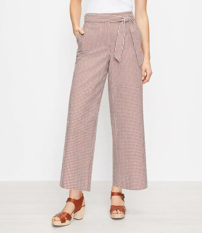 LOFT Petite Tie Waist Pull On Wide Leg Pants In Gingham Rust Women Petite Pants LOFT Petite Tie Waist Pull On Wide Leg Pants In Gingham Rust Women Petite Pants