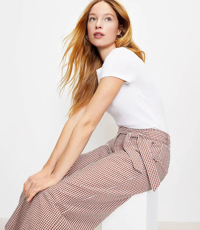 LOFT Petite Tie Waist Pull On Wide Leg Pants In Gingham Rust Women Petite Pants